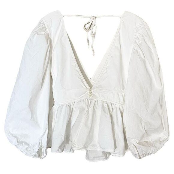 Staud White Poplin Balloon Sleeve Peplum Waist V-Neck Blouse NWT Size 8/Medium - Picture 4 of 8